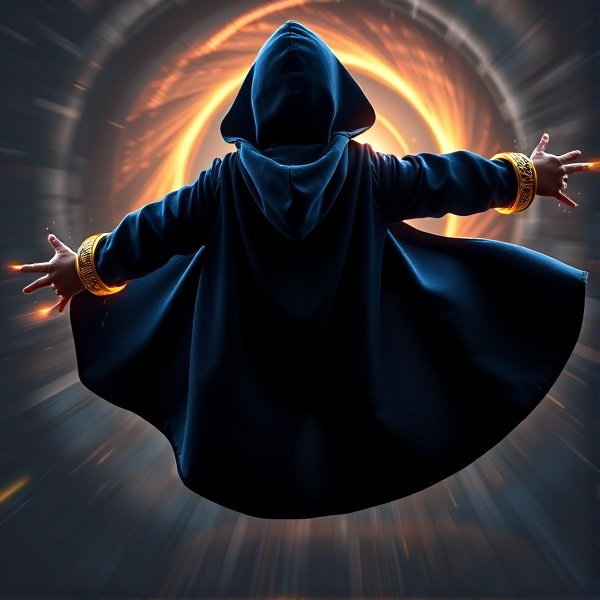 Action scene: A dynamic and intense back angled view of a little boy transformed into a formidable, enigmatic figure shrouded in darkness, his identity obscured by the transformation into the Chosen One. The silhouette of his young form is clad in an enormous heel-length, ultra-wide blue hooded cape that sways with supernatural elegance. The cape’s fabric is a deep midnight blue, peppered with subtle twinkling stars like a slice of the night sky wrapped around him. His arms are outstretched before him, each one encased in 25 magical golden Power Rings that gleam with ancient runes and pulsate with arcane energy. This boy turned shadowy superhero is captured mid-flight, soaring at high velocity as he exits a swirling vortex portal behind him—its edges flickering with eldritch light. His cape billows out majestically behind him, emphasizing the speed and urgency of his flight. With fierce determination etched into his invisible posture, he launches himself fists-first towards the villainous entity responsible for his exile—a nefarious figure depicted only by its ominous presence ahead. Sparks of magical essence trail from the Power Rings as they prepare to unleash their might upon impact, illuminating this dramatic encounter between good and evil in mid-air combat.