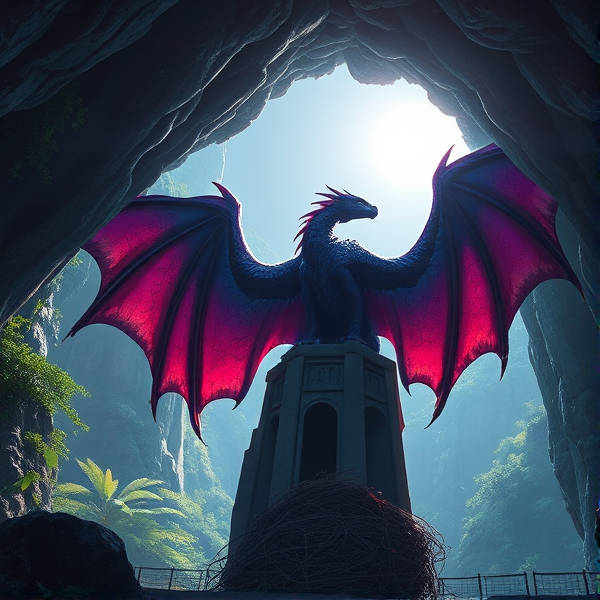 A purple-black dragon, with wings fading from teal to red, protecting its nest hidden at the top of a tower in a lush cave
