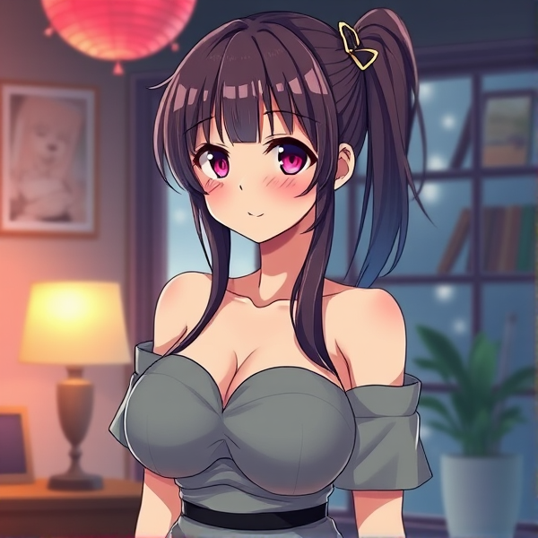 A cute anime girl with large breasts