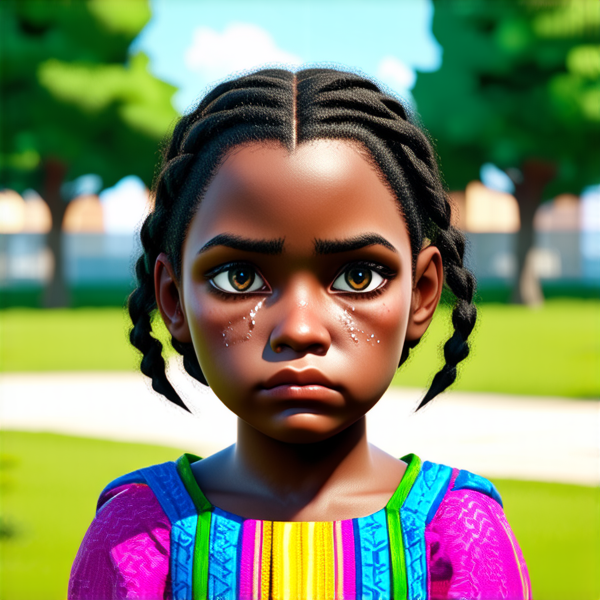 prompt: Une jeune fille de huit ans avec des tresses africaines noires, les yeux embués de larmes, l'expression triste et émotive, vêtue d'une robe colorée style ethnique, dans une cour d'école