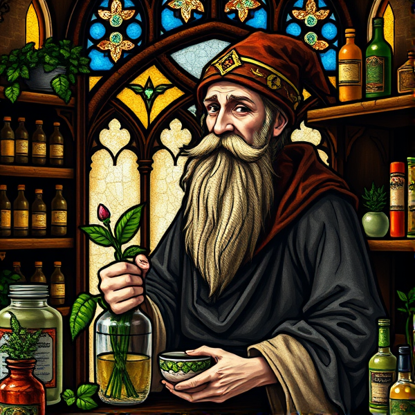 Arthurian jovial monk selling herbs in apothecary in the style of medieval stained glass