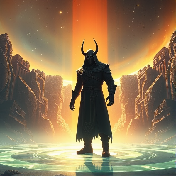 A picture of a warlock from the game Destiny standing in a massive well or radiance (one that stretches for miles long)