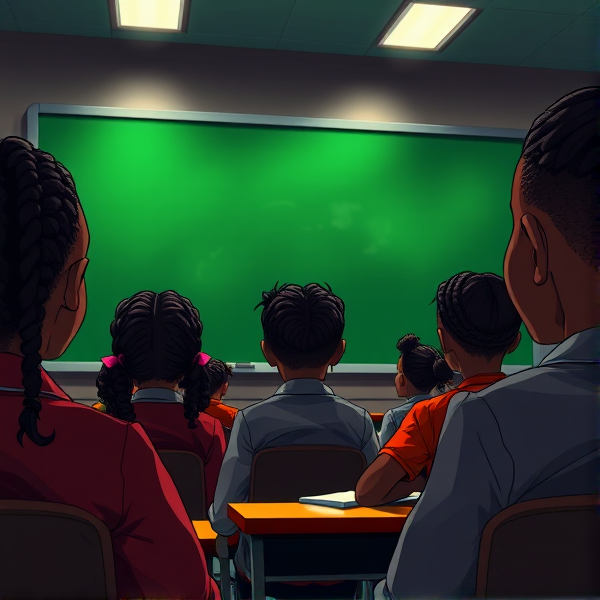 des filles noires de huit ans avec des tresses africaine et des garçons assis dans une classe face au tableau vert