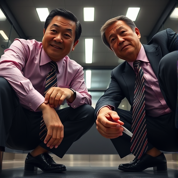 Deux hommes d affaires japonais senior accroupis qui regardent la caméra 
Chemise rose foncée et longue cravate rayée large. Obéir aux businessmen aux doigts et à l’œil est un must 

Vue contre-plongée