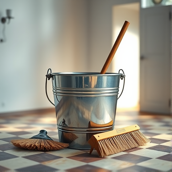 Seau d'eau en métal scintillant avec des reflets de lumière, accompagné d'une brosse et d'un balai  disposés de manière artistique au centre d'une pièce aux murs blanchis à la chaux et au sol carrelé de céramique ancienne
