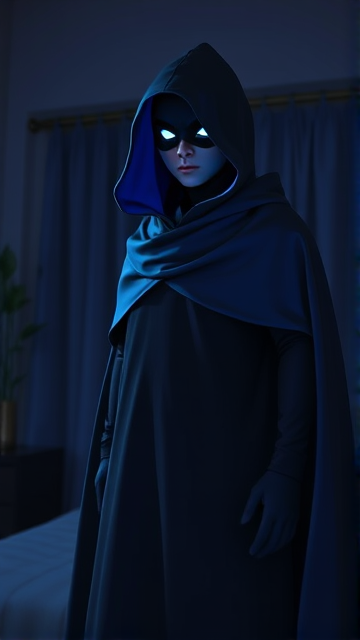 A little 12-year old boy hero named Connor Bardley, but transformed into a mysterious blackened and shadowy figure with superpowers, powerful magic, and ghostly abilities wreathed and concealed in a big blue hooded cape draped around his obscured body, calling himself The Phantom, a mysterious superhero devoted to defending the mortal world from all manner of supernatural evil, and is the most powerful ghost hunter on the planet. His face is magically kept hidden in the shadows, with the only thing visible being a pair of glowing, eerie white eyes, and no matter how much light shines on him, his features always stay shrouded in the darkness of his cape, and his hood stays magically adhered on his head and cannot be removed by anyone or anything, which helps protect his true identity in this form. The young heroic cloaked figure is seen standing in his bedroom at night, his transformation complete, and is now ready for action.