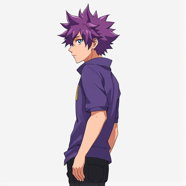 My hero academia oc. Purple fluffy hair. Male. Side view down to waist.