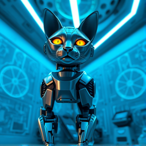Un chat robotique au design rectiligne et futuriste faisant un clin d'œil dans un laboratoire high-tech éclairé par des néons bleus, avec des murs remplis de schémas géométriques complexes. Le chat est en métal brossé et possède des articulations clairement visibles, ses yeux sont éclairés d'un jaune vif. La scène est capturée depuis une perspective en contre-plongée pour mettre en valeur la stature imposante du chat. Style hyper-réaliste, attention particulière aux reflets métalliques et aux jeux de lumière.