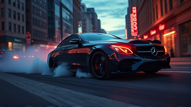 mercedes drifting on a deserted city street at twilight, tires screeching, smoke rising from the asphalt, dynamic angle highlighting the car's aggressive design and speed, neon signs reflecting off the glossy paint