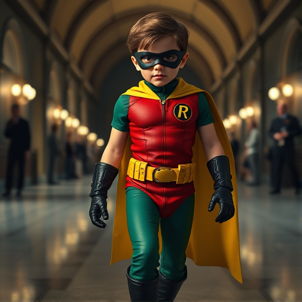 Movie Scene: A little 12-year old boy with light skin and brown hair named Connor Bardley, but dressed as Robin, The Boy Wonder, with an extremely muscular body, a sleek green suit with a red torso with a black circle with a yellow R symbol on his left pectoral, a gold utility belt, black boots, black long-cuffed gloves, a big yellow cape, and a black eye mask, walking through a dark museum, investigating the scene of a crime.
