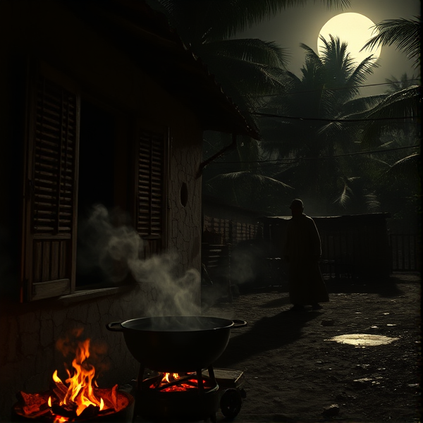 Scène nocturne oppressante dans un village mexicain traditionnel, l'atmosphère est lourde de mystère suite à un meurtre non résolu. Au premier plan, des braises incandescentes d'un barbecue abandonné émettent une fumée qui se tord dans l'air immobile et projette des ombres déformées sur les murs fissurés d'une hacienda délabrée. Des volets en bois brisés pendent de leurs charnières évoquant une image perturbante. À travers les vitres cassées, on perçoit des courants d'air qui semblent transporter avec eux d'anciennes légendes. Une silhouette spectrale aux contours indistincts se meut avec désespoir autour de la scène, sa sinistre présence accentuée par une lumière blafarde qui ajoute à son caractère surnaturel; ses mains ressemblant à celles d'un fantôme cherchent quelque chose ou quelqu'un dans un geste maudit.

En arrière-plan, des formes intimidantes sont à peine visibles derrière la barrière que constitue la forêt tropicale dense, éclairées sporadiquement par la lumière blafarde de la lune qui transperce le feuillage agité par le vent. Les arbres et les branches contournés créent des ombres qui semblent presque vivantes et maléfiques.

Le silence apparent est brisé par les cris insolites de créatures cachées au cœur de cette nature sombre et sauvage; leurs sons contribuent à l'ambiance tendue du lieu. Le sol irrégulier cache des signes morbides: un sombrero aplati près d'une flaque ambiguë possiblement constituée de sang coagulé, un collier aux gemmes phosphorescentes dispersé précipitamment comme si son porteur avait fui soudainement et une photo partiellement brûlée gisant sur le sol foulé offrant peut-être un indice sur l'identité de la victime ou du coupable.