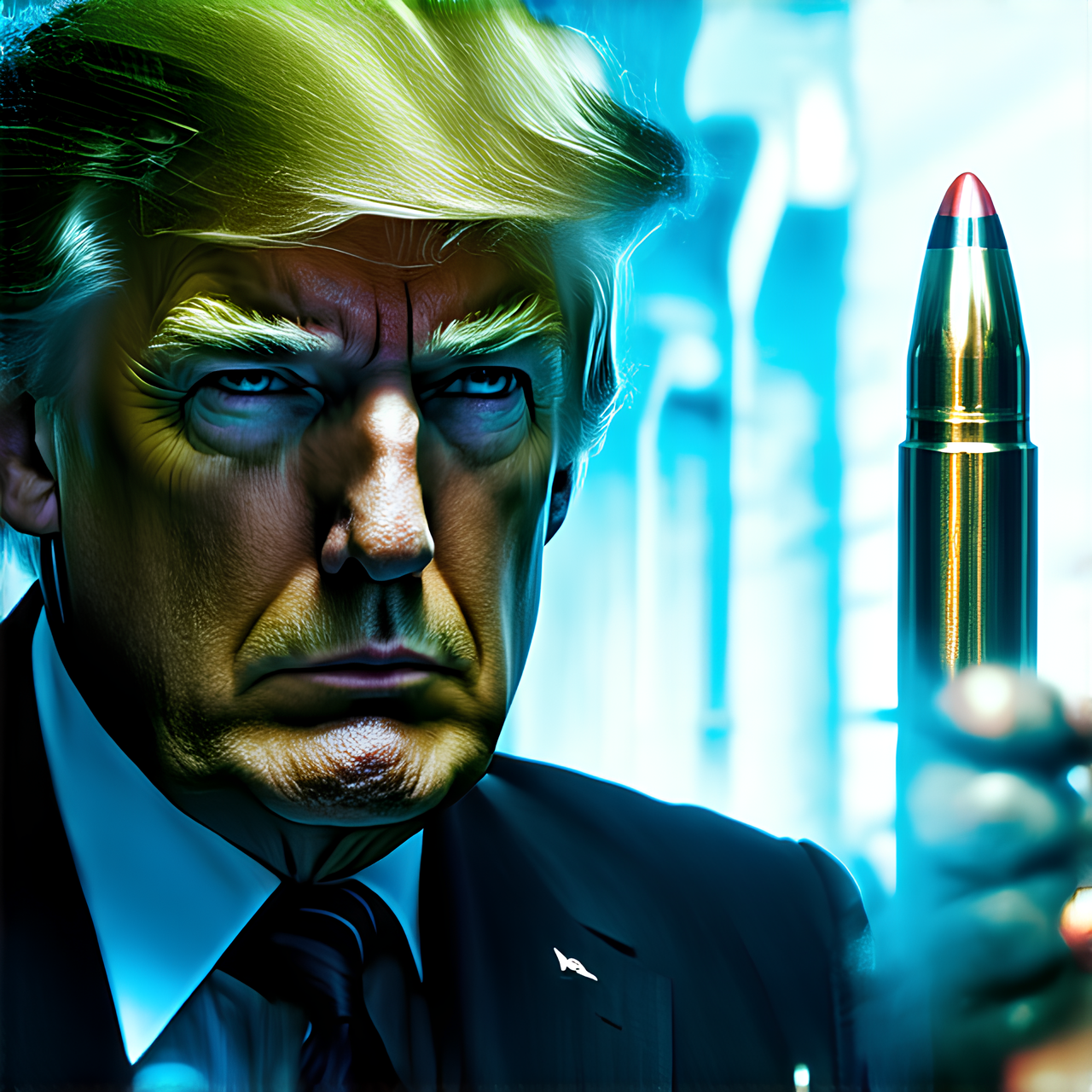 matrix neo dodging bullets scene, neo head is trump's instead, bullets trajectory is visible as a light smoke behind bullets