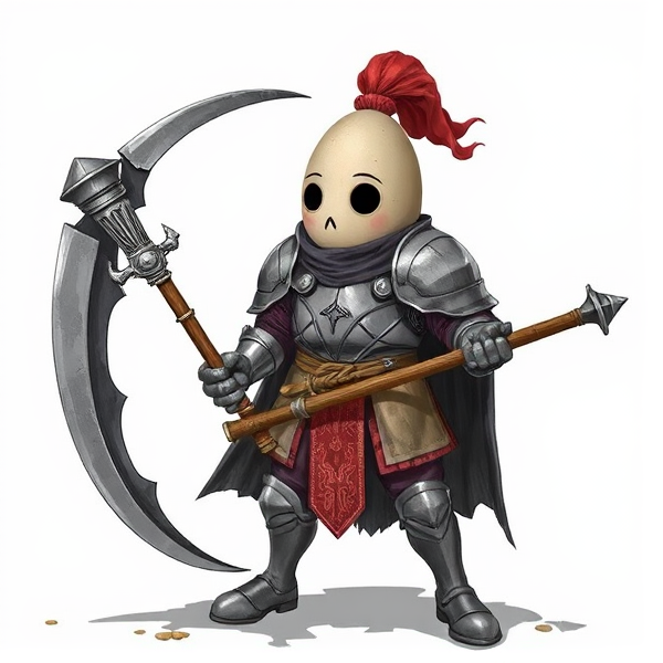 Egg in suit of armor with scythe