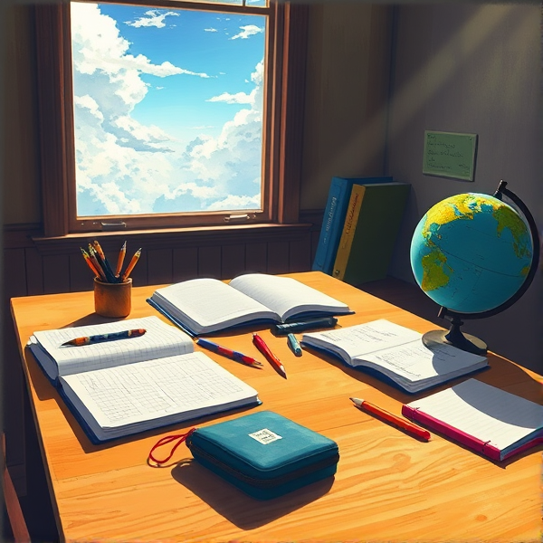 table en bois éclairée par la lumière naturelle de la fenêtre, couverte de fournitures scolaires comme des cahiers ouverts, des stylos, des crayons, une trousse et un globe terrestre  .