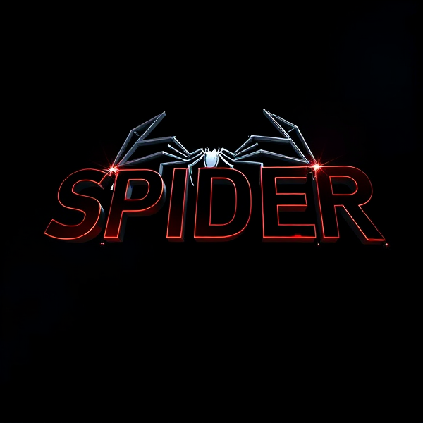 Create a visually arresting 3D logo for "SPIDER" that exudes ultra-modern, sleek design elements with bold sans-serif typography which dynamically bursts forth from a pitch-black background. Infuse the artwork with electrifying light beams inspired by the Capcut app icon's luminosity, casting profound shadows and creating striking highlights across the logo's contours. Incorporate a fusion of cutting-edge curves, crisp edges, and fluid lines to convey both rapidity and elegance. The logo should be enveloped in a metallic skin exhibiting a lustrous, mirror-like finish to dramatically bounce off light, imbuing it with an essence of vigorous motion. Draw upon Pixar's hallmark of incisive imagery and pronounced geometric shapes, injecting the tableau with a lively color spectrum and polished surfaces for additional depth. Utilize rendering techniques paralleling Unreal Engine's hyper-realism and Octane Renderer's ray tracing capabilities to achieve mesmerizing reflections, alongside V-Ray's sophisticated lighting effects to accentuate the mood. Strive for an overwhelmingly surreal visual spectacle that flirts with sci-fi elements, deliberately exaggerating every aspect for maximal impact. This creation ought to be perceived as audaciously lavish, overtly eschewing any inclination towards subtlety or minimalism.