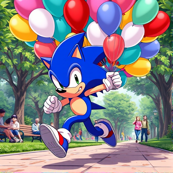 Sonic the Hedgehog captured mid-stride in a dynamic running pose, gripping a vivid collection of assorted balloons 500 each measuring 16 inches, amid a bustling park filled with activity and greenery, all illustrated in a richly saturated anime art style