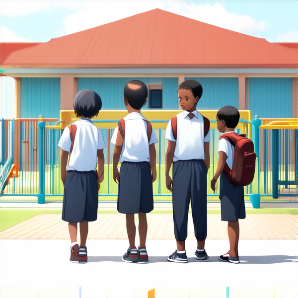 bâtiment d'une école primaire traditionnelle avec cours de récréation, enfants noirs africains en uniforme scolaire chemise blanche et pantalons bleu marine avec des cartables