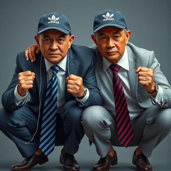 Deux  différents hommes d'affaires japonais puissants mature  accroupis et faché  portant des casquettes Adidas  et des cravates rayées longues  bleue rouge et oreillettes Apple 
Ils sont complices et conquérants , ils dominent 
 , accroupis pas trop et regard fort
Ils sont hypnotisant du regard , amis, complice , envoûtant , charismatique 
Ils se tiennent par les épaules , il fixent l objectif de la caméra