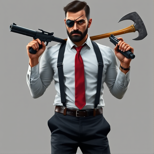 A detailed full-body portrait of John Abraham Marston, a hardened male operative with short, black hair and a rugged beard. A striking scar slashes across his left eye which is obscured by an eyepatch indicating blindness. He exudes elegance in a crisp white shirt with the top button undone, tucked into tailored black trousers held by leather suspenders. His ensemble includes a vivid red tie providing a pop of color. The outfit is completed with a bespoke black suit jacket that discreetly integrates Kevlar for protection, hinting at his dangerous line of work. On his feet are shiny black dress shoes that mirror the seriousness of his attire. John is armed and prepared, dual-wielding Desert Eagle pistols with matte black finishes and custom green illuminated sights for precision aiming. Slung over his shoulder in an X formation rest his trusted weapons: a razor-edged katana and a robust fire axe signifying readiness for close combat. These elements signal his allegiance to "the agency," a covert organization where he operates in the shadows