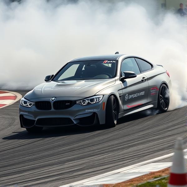 BMW M4 in a dynamic drift on an asphalt track with billowing tire smoke, aggressive stance, high speed action captured, detailed car livery showcasing sponsor logos, racing environment with trackside details like barriers and cones