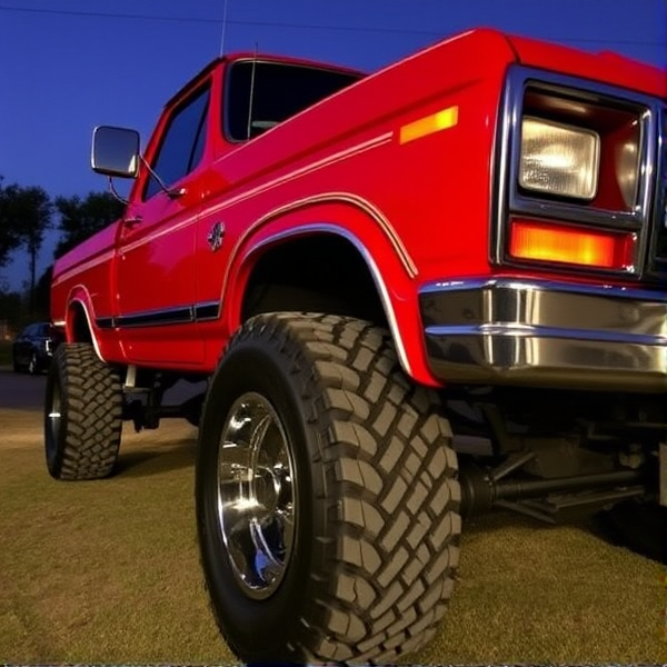 red 1985 f-150 on a 6 inch lift with chrome bullet hole wheels and 35 inch mud tires