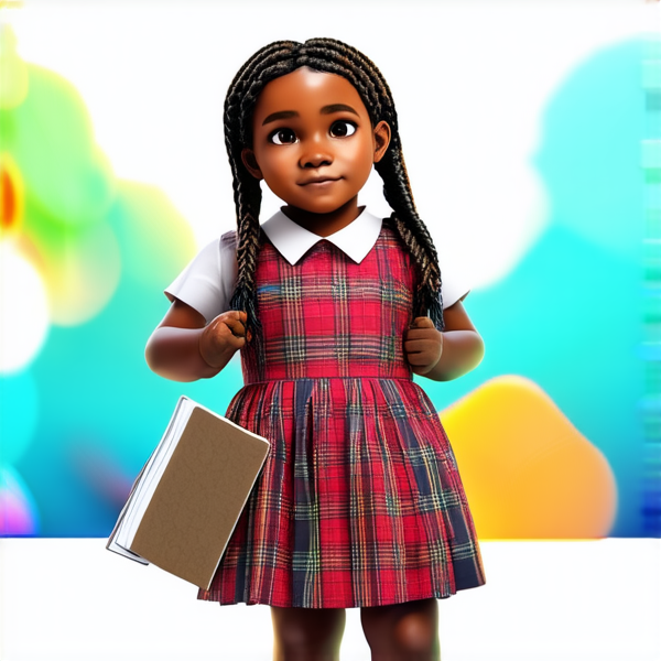 ecoliere en robe agée de 6ans noire avec des tresses africaines tenant un cahier dans ses mains