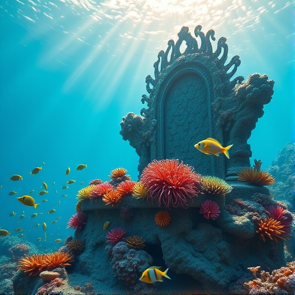 Majestic coral throne adorned with a variety of colorful sea anemones and surrounded by schools of tropical fish, situated in a serene underwater kingdom with beams of sunlight filtering through the ocean surface above, highlighting the intricate patterns of the coral