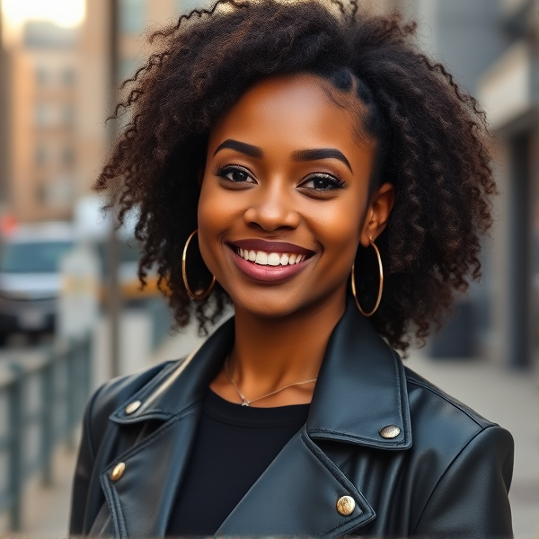 beautifull young African American woman with a vibrant smile, stylishly dressed in modern fashion, posing confidently against an urban background