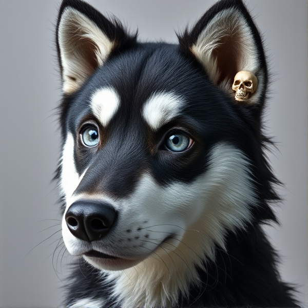 Make me a dog fursuit oc with black, gray and white pattern. Gray eyes and white eyebrows. Has a skull on its ear & on its back. Nose is black with a white and grey spot.