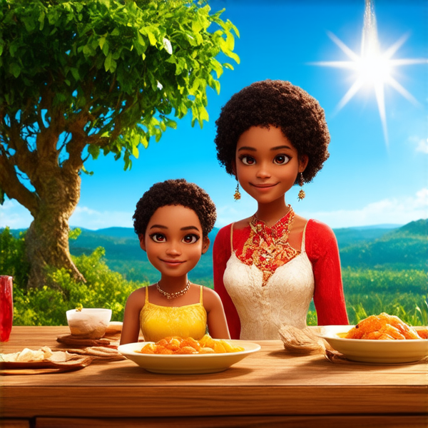 Famille nombreuse souriante réunie autour d'une table rustique en bois garnie de plats traditionnels africains, sous un ciel bleu dans un cadre champêtre avec des arbres et une végétation luxuriante, portant des vêtements africains colorés et variés, échangeant des rires et des conversations chaleureuses