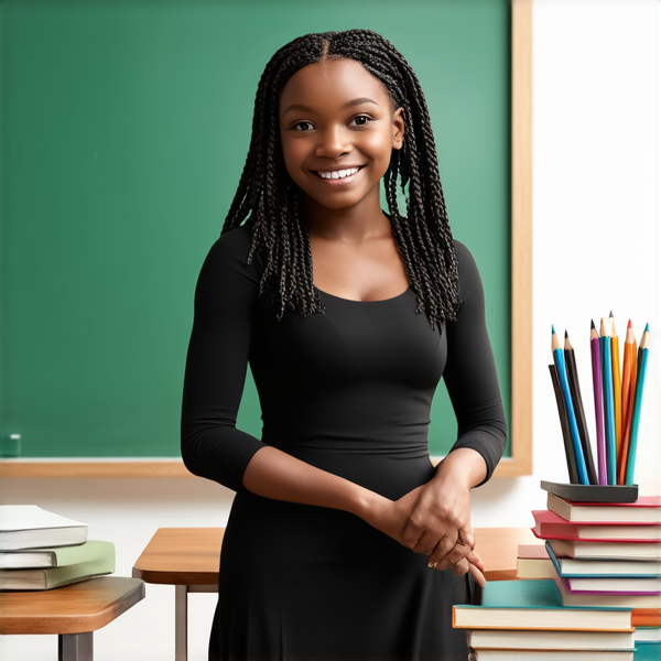 Une institutrice africaine élégante de 50 ans avec des tresses africaines traditionnelles, vêtue d'une robe noire se tient debout devant un tableau noir dans une salle de classe lumineuse et bien rangée, souriante et prête à enseigner. Elle est entourée d'élèves noirs âgés de 10 ans et de fournitures scolaires typiques comme des livres, des cahiers et des crayons, accentuant son rôle d'éducatrice.