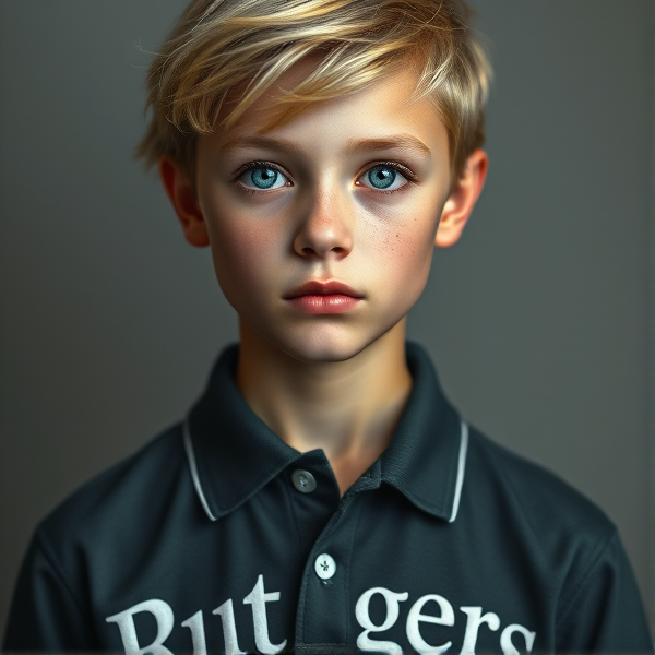 Realistic portrait of a youthful blonde teenager with big blue eyes and a smattering of light freckles, standing in full frontal view. The subject wears a dark green-gray polo shirt featuring prominent white lettering that reads "Ruttgers". The image should capture the subtleties of youthful skin and delicate features.