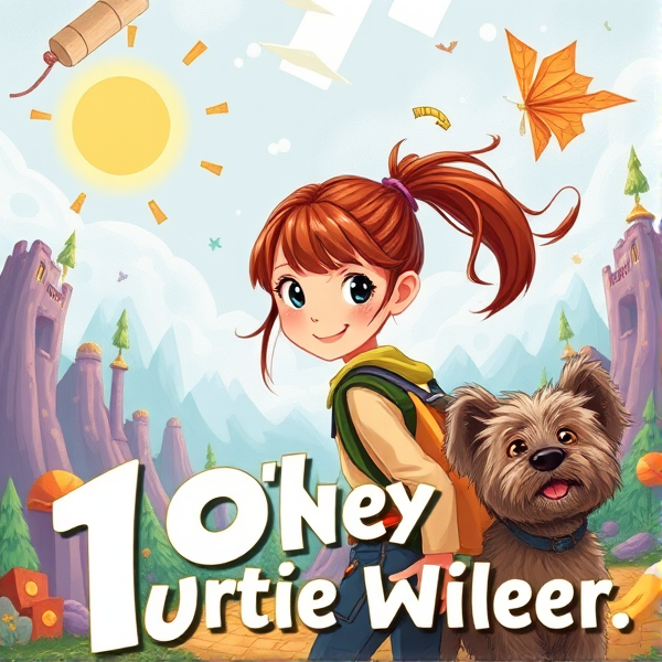 Bright and whimsical book cover design featuring a 10 year old with brown ponytail as the protagonist on an adventurous journey, bursting with vivid colors and elements that appeal to 10-year-old girls such as magical landscapes, treasure maps, and friendly scruffy dog. The artwork should capture the essence of a childlike wonder and the excitement of exploration, ideally incorporating symbols of adventure like compasses, binoculars, or hidden paths. The typography should be bold and inviting, resonating with young readers' imagination and sense of fun.