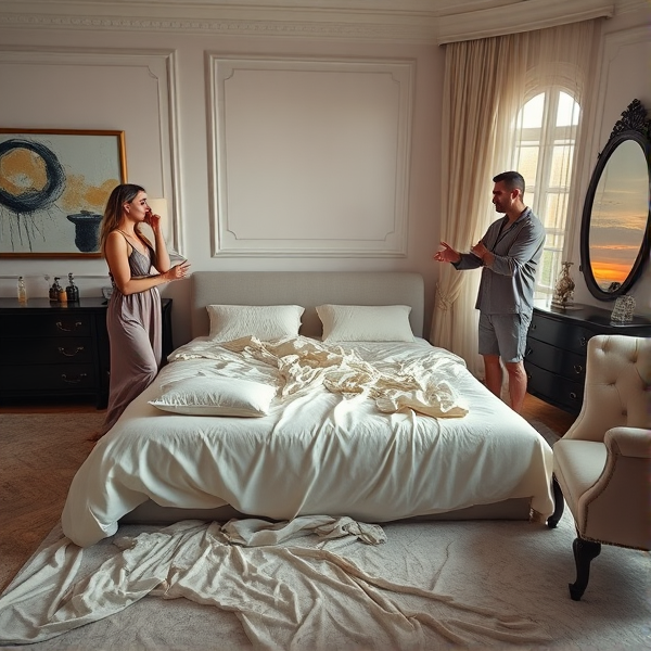 Une chambre élégante et spacieuse baignée d'une lumière matinale douce, avec un grand lit queen-size au centre dont les draps de soie couleur crème sont en désordre, et des oreillers de velours éparpillés dans un chaos organisé. Sur le mur, une œuvre d'art abstraite ajoute une touche de couleur. Une femme en robe de nuit sophistiquée et un homme en pyjama de satin se tiennent rigides de chaque côté du lit, leurs corps exprimant la tension d'une dispute intense. Leurs visages sont marqués par l'émotion, yeux ardents et sourcils froncés, alors que leurs mains gesticulent passionnément dans l'air pour souligner leurs points respectifs lors de leur conversation houleuse. L'éclairage doux provient d'une fenêtre ouverte sur le côté droit de la chambre où le lever du soleil commence à peindre le ciel d'une palette rose orangée, filtres à travers des rideaux transparents qui ondulent légèrement avec la brise matinale. Des détails raffinés comme une coiffeuse antique en bois sombre avec des flacons de parfum délicats et une chaise capitonnée complètent cette scène conjugale chargée.