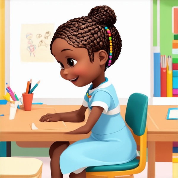 Jeune fille africaine de 8 ans vêtue d'une robe bleu ciel, coiffée de tresses africaines complexes avec des perles colorées, affichant un large sourire éclatant, assise sur une chaise d'écolier face à un bureau en bois clair, dans une salle de classe ensoleillée et bien éclairée, avec des fournitures scolaires et des dessins d'enfants visibles en arrière-plan