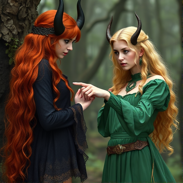 Red haired Caucasian Arthurian teenage princess wearing a green dress points at an evil blonde haired druidess wearing a black dress