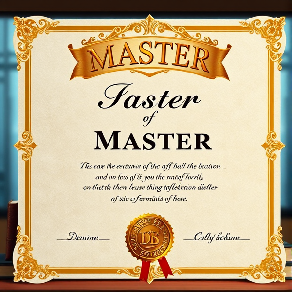 Prompt: Diplôme de Master élégant avec des bordures dorées sophistiquées, un sceau officiel en relief, une typographie classique et claire sur un fond en parchemin texturé, le tout présenté dans un cadre académique avec des livres et des symboles éducatifs