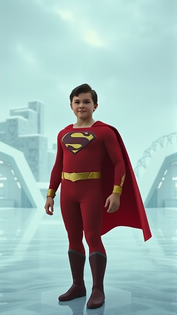 1990's Movie Scene: Jon Kent, AKA Superboy, the young little 12-year old super son of Superman, and the first kid to be born as the world's first Half-Kryptonian child, with an extremely muscular body, the iconic costume, the singular curled bang sticking out at the front of his flat and smooth hair, and a long cape, standing in his secret icy crystal lair in the Arctic, the Fortress Of Solitude, ready for action as he prepares to take flight for the first time so he can honor his deceased father's legacy and fulfill his destiny.