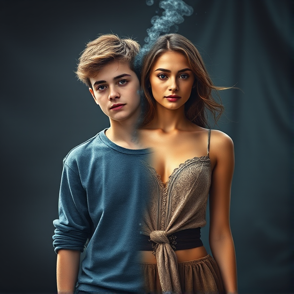 A scene depicting a teenage boy amidst a fantastical metamorphosis into an equally aged graceful young woman, with clothing partially transitioning from masculine to feminine styles, demonstrating a blend of both genders. The transformation should include features that are in the process of changing, creating a harmonious fusion of male and female characteristics while maintaining youthful attractiveness. Hints of magic such as a subtle glow or ethereal particles should accentuate the transformative effect.