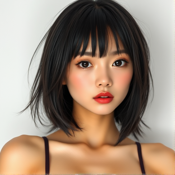 A Japanese girl of taller height,  with short black hair. She is a popstar with an athletic feel. Her eyes are black and very sharp and her skin is a bit tan.