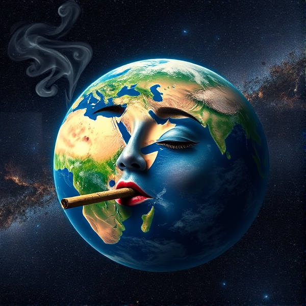 Planet Earth with a face, exhaling smoke from a lit joint in its mouth, set against the backdrop of space