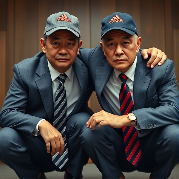 Deux  différents hommes d'affaires japonais puissants mature  accroupis et faché  portant des casquettes Adidas  et des cravates rayées longues  bleue rouge et oreillettes Apple 
Ils sont complices et conquérants , ils dominent 
 , accroupis pas trop et regard fort
Ils sont hypnotisant du regard , amis, complice , envoûtant , charismatique 
Ils se tiennent par les épaules , il fixent l objectif de la caméra