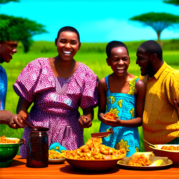 Famille nombreuse souriante réunie autour d'une table rustique en bois garnie de plats traditionnels africains, sous un ciel bleu dans un cadre champêtre avec des arbres et une végétation luxuriante, portant des vêtements africains colorés et variés, échangeant des rires et des conversations chaleureuses