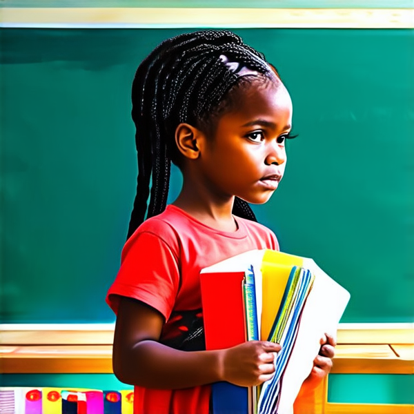 A 8 year-old African girl with intricate braided hair, standing confidently in a vibrant classroom environment, holding notebooks in her hands while facing a chalkboard filled with educational content