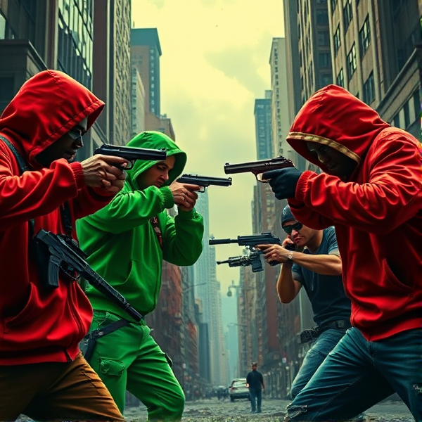 Intense urban showdown between rival factions, with one gang adorned in vibrant red facing off against another gang decked out in varying shades of green, amidst a gritty city backdrop riddled with dynamic gunfire exchanges and dramatic action poses
