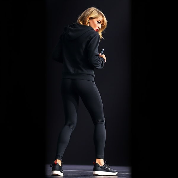 Taylor swift twerking her butt while wearing black cotton leggings a black hoodie and sneakers