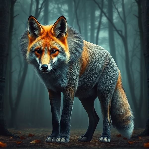 majestic fox with the textured skin of an elephant, standing in a mystical forest