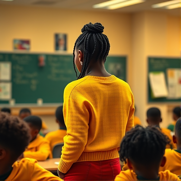 Une institutrice noire âgée de quarante avec des tresses africaines ans vêtue d'un pull jaune le dos tourné écrivant au tableau dans une salle de classe avec des élèves noires agés de huit ans