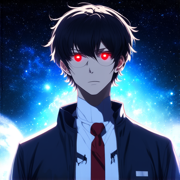 je veux une image d'un homme style geek se tenant devant un fond cosmique de l'espace, avec des yeux brillants rougeoyants et des pupilles finement détaillées, esthétiquement belles avec des vêtement simple