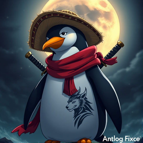 Pingouin maitre de l'éclipse lunaire et avec un écharpe rouge autours du cou et avec deux épées dans le dos et avec une tenue de pirate et avec un tatoo en forme de loup tribal et avec le chapeaux de paille de luffy